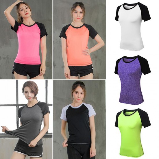 Women Workout T-shirt Raglan Short Sleeves Splicing O Neck Quick Dry Running Performance Exercise Gym Baselayer Sport Shirts Casual Tops Women Workout T-shirt Raglan Short Sleeves Splicing O Neck Quick Dry Running Performance Exercise Gym Baselayer Sport Shirts Casual Tops