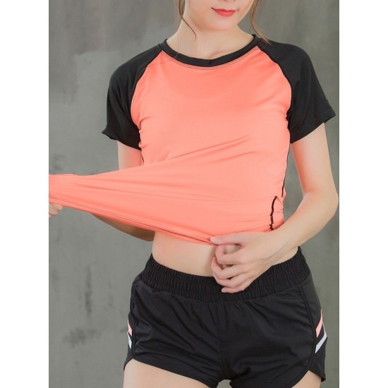 Women Workout T-shirt Raglan Short Sleeves Splicing O Neck Quick Dry Running Performance Exercise Gym Baselayer Sport Shirts Casual Tops Women Workout T-shirt Raglan Short Sleeves Splicing O Neck Quick Dry Running Performance Exercise Gym Baselayer Sport Shirts Casual Tops